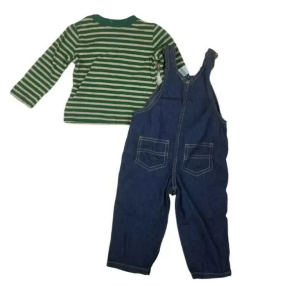 4/$25 Fisher Price Baby 2Pc Overalls Outfit Denim Jeans  Long Sleeve Shirt 12mo - Picture 3 of 12
